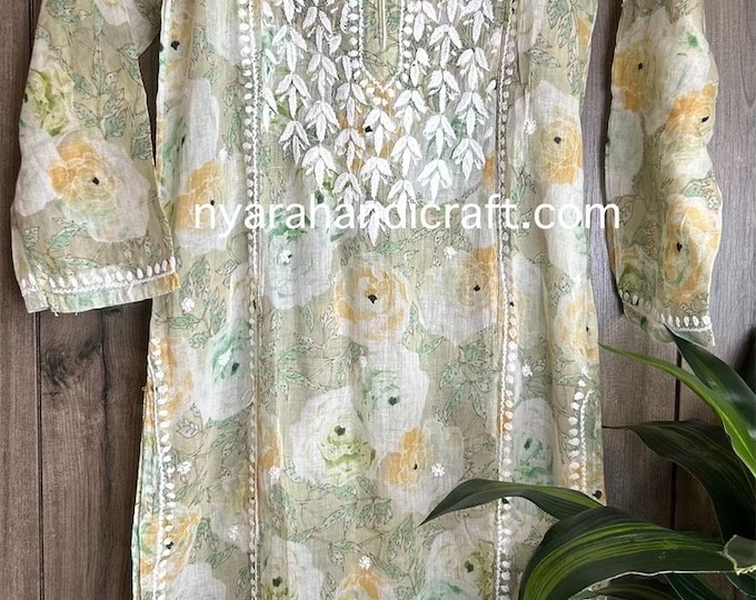 Green Floral Printed Chikankari Kurta on Soft Pure Cotton / Free Shipping in US