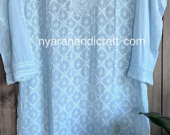 Lucknow Chikankari Powder Blue Kurta on Georgette / Liner included/ Free Shipping in US