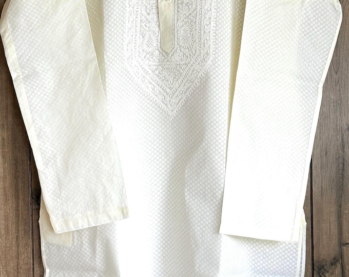 Cream Chikankari Kurta for Men  / Free Shipping in US