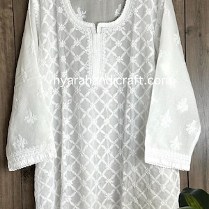 Chikankari Short White Kurta, Blouse / Hand Embroidered / Liner Included /Free Shipping in US