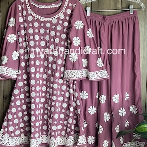 Kurta Chikankari y palazzo hasta los tobillos de color malva de Lucknow / Envío gratuito en EE. UU.