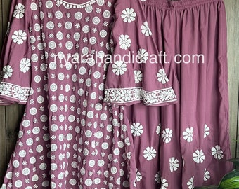 Mauve Lucknow Chikankari Kurta and Ankle Length Palazzo / Free Shipping in US