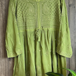 Green Chikankari Short Kurti Blouse on Fine Georgette / Liner included/ Free Shipping in US