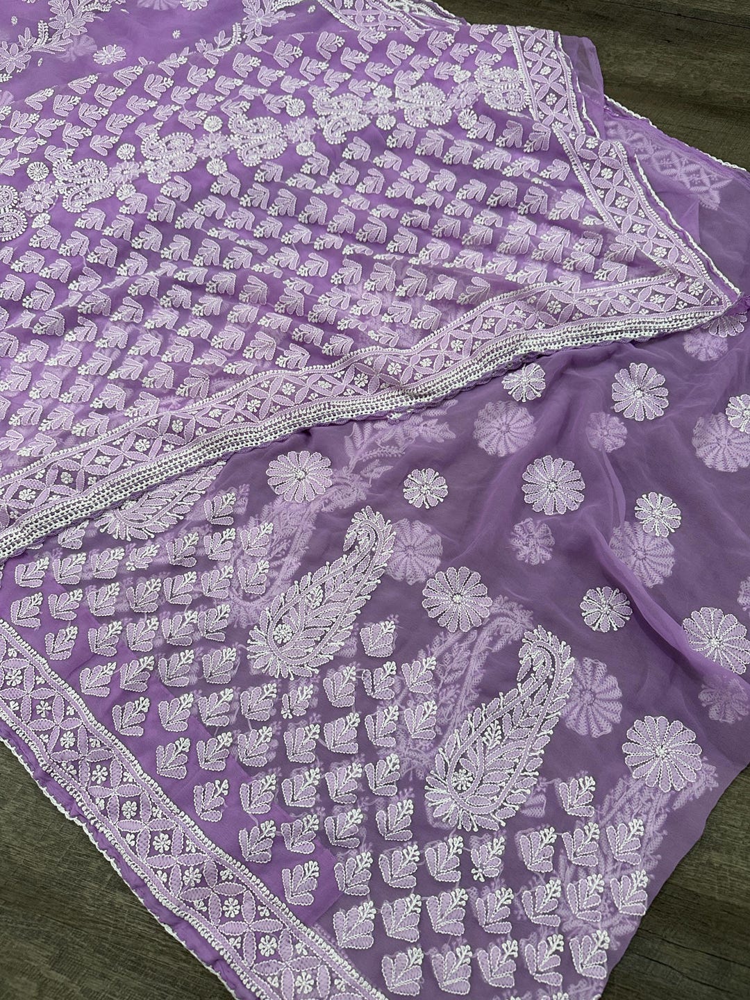 Novara Chikankari Pure Chanderi Silk Saree Lavendar main image 0