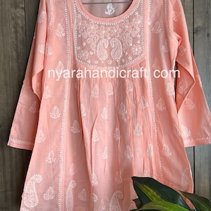 Blusa corta tipo A Chikankari / Kurti / Algodón puro / Bordada a mano / Envío gratuito en EE. UU.