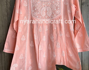 Chikankari Short A line Blouse / Kurti / Pure Cotton / Hand Embroidered /Free Shipping in US