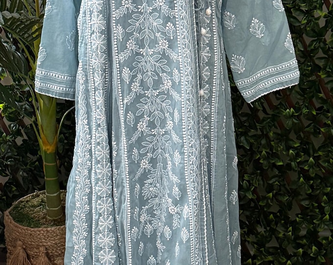 Chikanakri Gray Angarkha Soft Malmal Cotton / Hand Embroidered/ Ships from Ohio