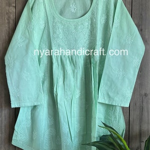 Chikankari Short A line Blouse / Kurti / Pure Cotton / Hand Embroidered /Free Shipping in US