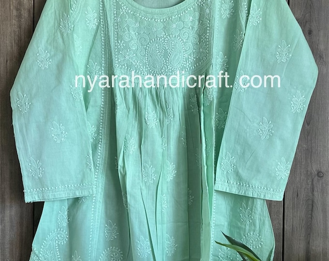 Chikankari Short A line Blouse / Kurti / Pure Cotton / Hand Embroidered /Free Shipping in US
