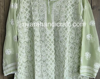 Green Chikankari Short Kurti Blouse / Georgette with Mukaish / Liner included/ Free Shipping in US