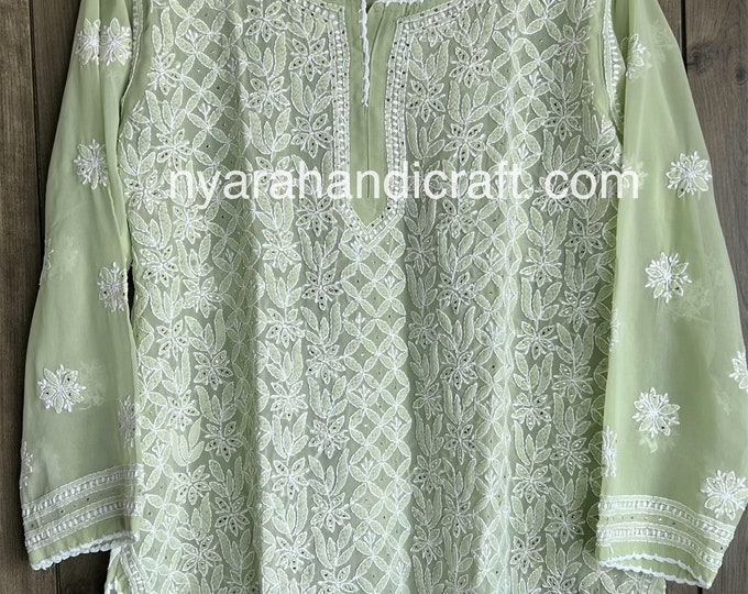 Green Chikankari Short Kurti Blouse / Georgette with Mukaish / Liner included/ Free Shipping in US