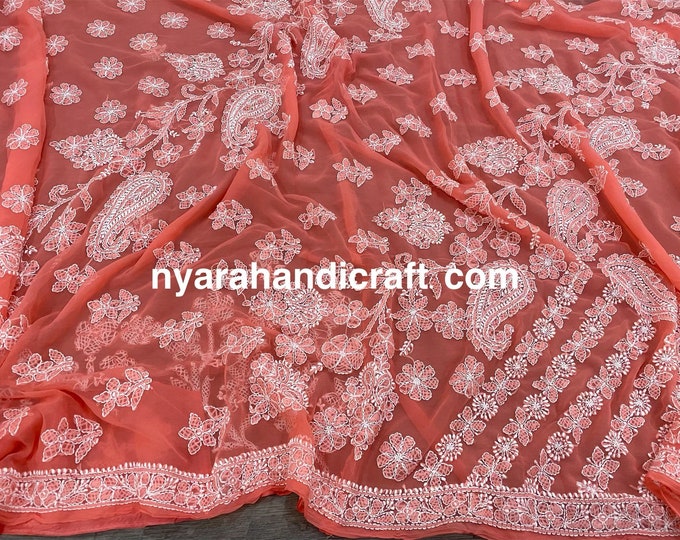 Peach Chikankari Saree hand embroidered/ Petticoat included/ Free Shipping in US