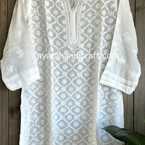 Lucknow Chikankari White Georgette Blouse / Short Kurti  / Free Shipping in US