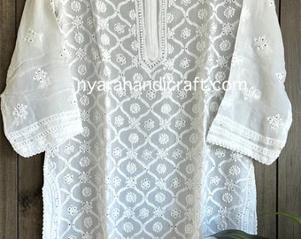 Lucknow Chikankari White Georgette Blouse / Short Kurti  / Free Shipping in US