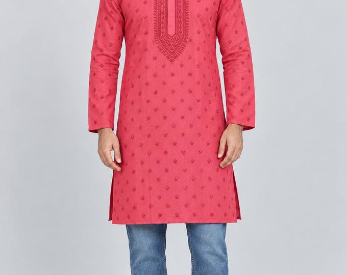 Men's Pink Red Cotton Chikankari Kurta / Hand Embroidered /Free Shipping in US