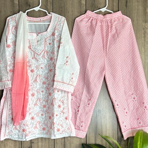 Girls White and Peach Kurta Palazzo Set / Soft Cotton /Free Shipping in US