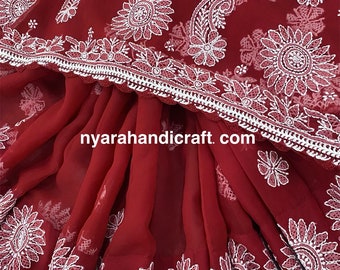 Maroon Chikankari Saree on georgette/ Petticoat included and Fall Attached/Free Shipping