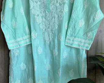 Lucknow Chikankari Sea Green Kurta /Soft Cotton / Liner included/Free Shipping in US