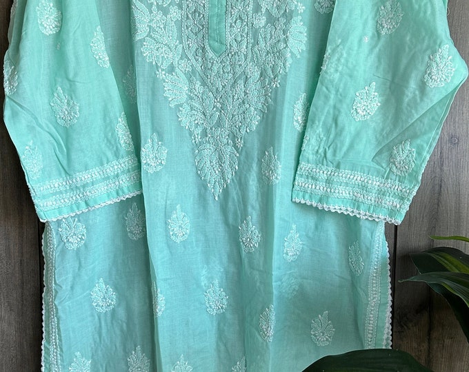 Lucknow Chikankari Sea Green Kurta /Soft Cotton / Liner included/Free Shipping in US