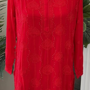 Red Chikankari Short Kurti Blouse /  Georgette with Mukaish / Liner included/ Free Shipping in US