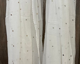White Chiffon Dupatta Stole with Mukaish and Crochet Lace