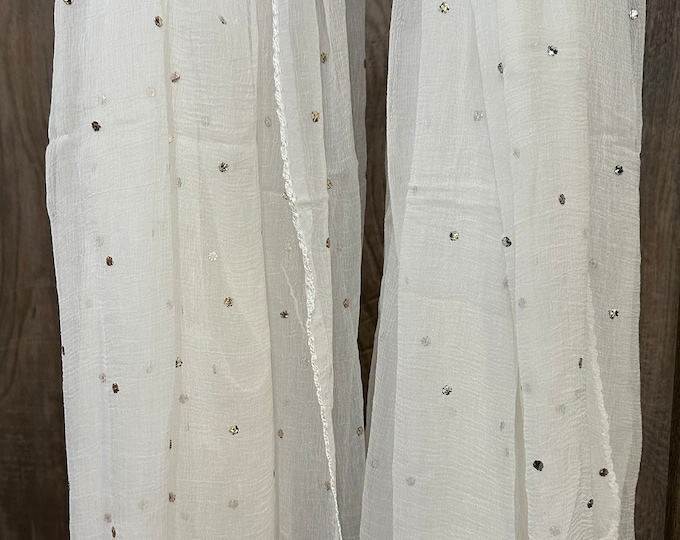 White Chiffon Dupatta Stole with Mukaish and Crochet Lace