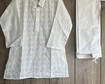 Boys White Cotton Silk Kurta Pajama / Free Shipping in US