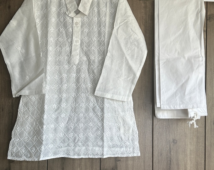 Boys White Cotton Silk Kurta Pajama / Free Shipping in US