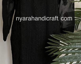 Black Lucknow Chikankari Kurta /With matching liner/Free Shipping