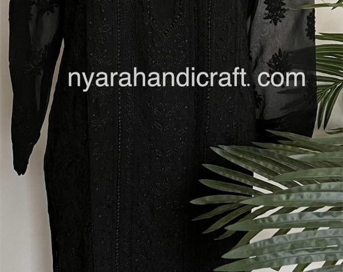 Black Lucknow Chikankari Kurta /With matching liner/Free Shipping