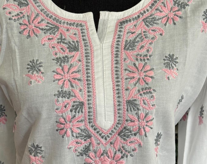 Pure Cotton White Kurta with Chikankari / Free Shipping in US