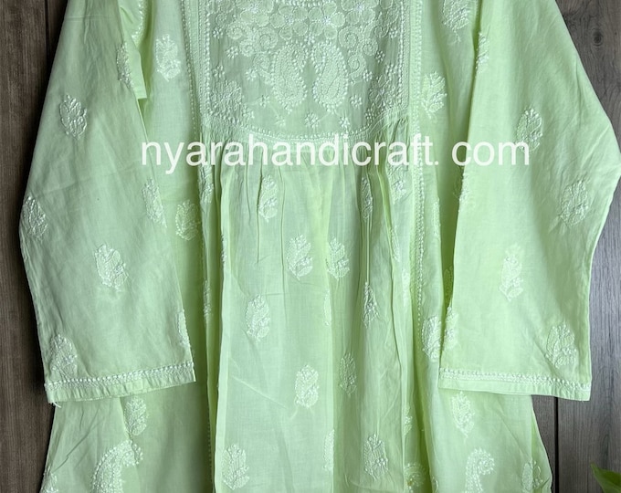 Lime Green Chikankari Short A line Blouse / Kurti / Pure Cotton / Hand Embroidered /Free Shipping in US