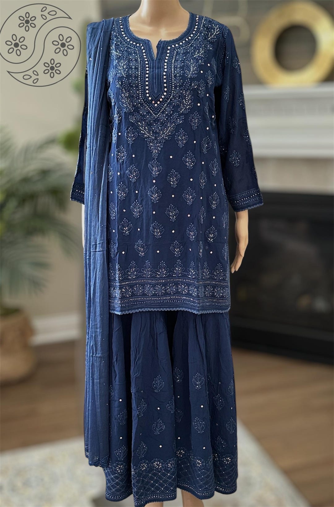 Fine Georgette Kurti With Handcrafted Neckline – Hand-Painted Indian Tunic With Embellishments, 3/4 Sleeves, 30 Inch Length