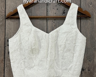 White Sleeveless Chikankari Saree Blouse / Free Shipping in US