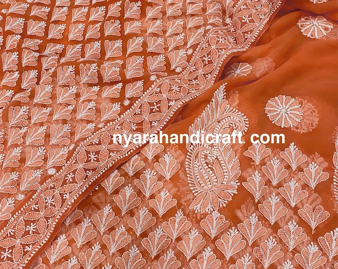 Chikankari Saree on Georgette / Peachy Orange /Petticoat included /Free Shipping in US
