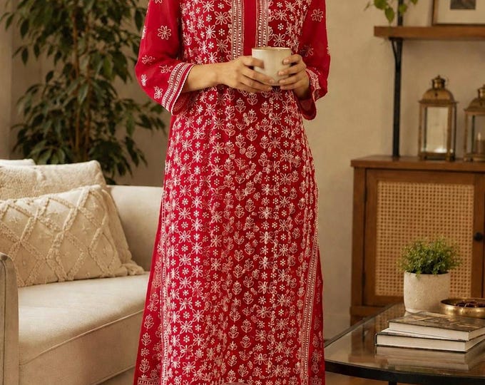 Red Georgette Kurta /  Chikankari /FREE SHIPPING in US