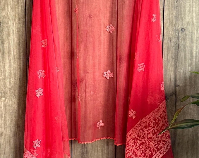 Red Net Dupatta with Chikankari Hand Embroidery /Free Shipping in UD