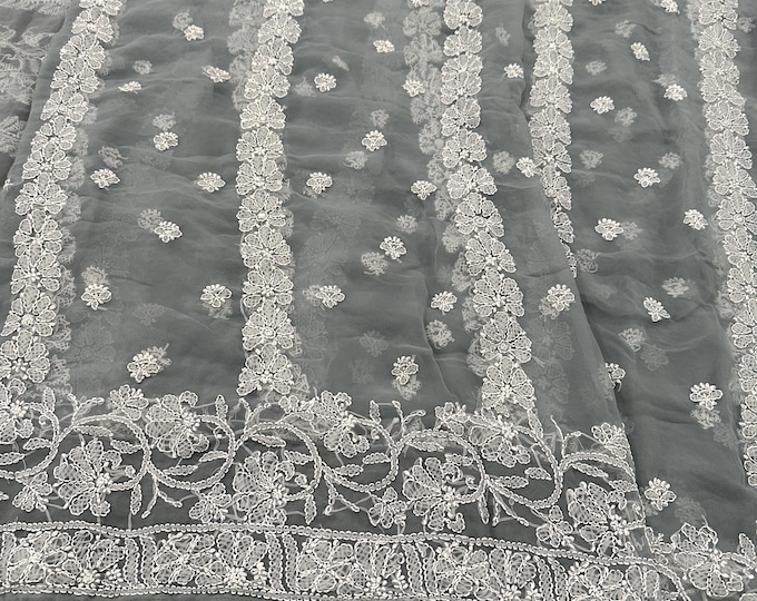 Lucknow Chikankari Gray Saree on Georgette /  Hand Embroidery /Free Shipping in US