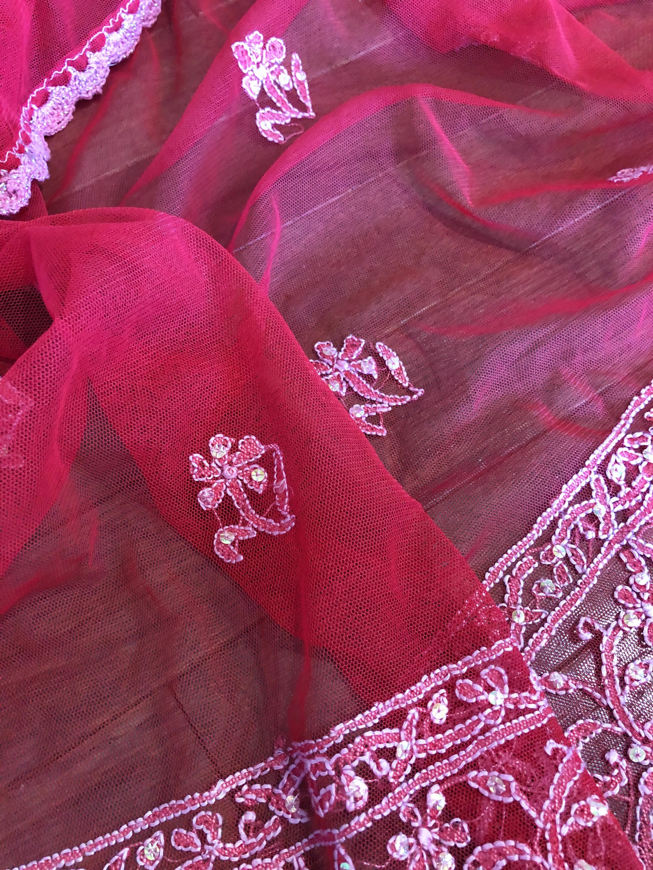 Red Net Dupatta with Chikankari Hand Embroidery/Free Shipping in UD