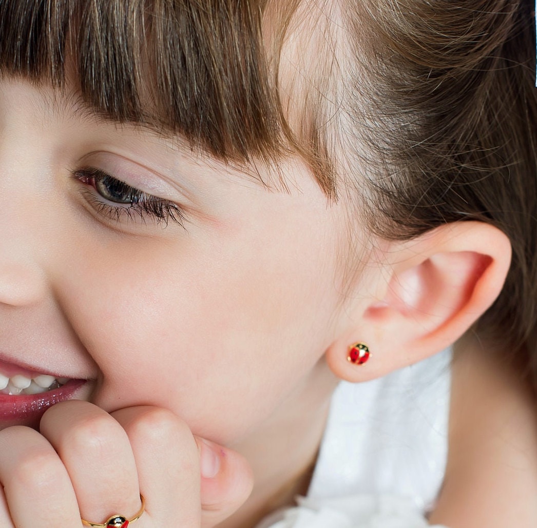 18K Solid Gold Ladybug Stud Earrings Red Enamel Butterfly Back Earrings for Infants, Toddlers, or Girls
