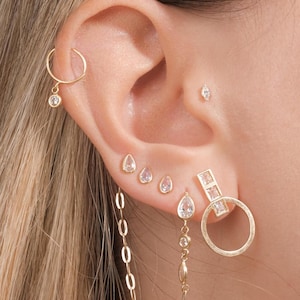 18k Solid Gold Drop Dangle Zircon 3 mm Cartilage Hoop Ring Ear Piercing for Teen