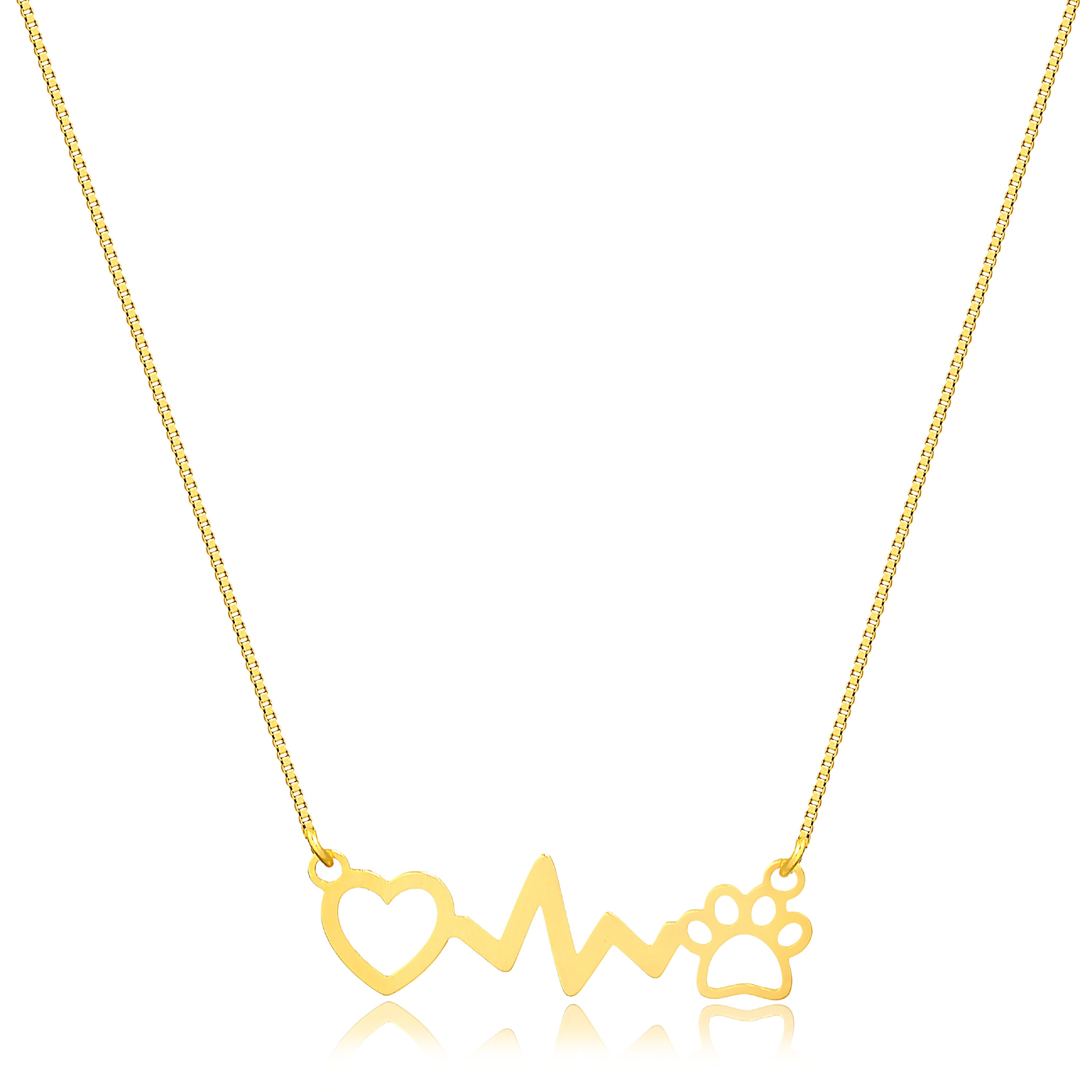Dog Paw and Heartbeat Necklace 18k Solid Yellow Gold Lover Dog Pet Heartbeat Necklace for Women Girls and Teens