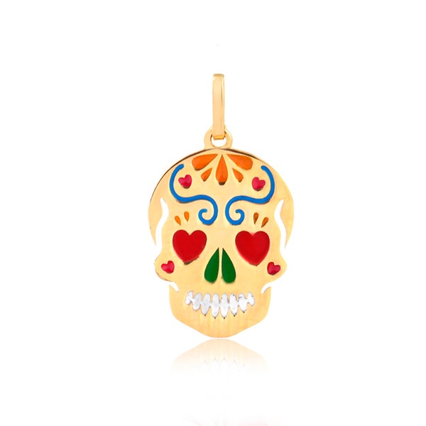 Mexican Skull Pendant 14k Solid Yellow Gold | Dia de Los Muertos Enamel for Necklace for Teens, Girls and Women