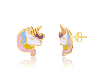 14K Gold Enamel Unicorn Colored Earring for Her Resin Unicorn Back Stud