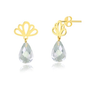 Prasiolite 18k Solid Yellow Gold Earrings Natural Gemstone Drop Dangle Earrings for Women