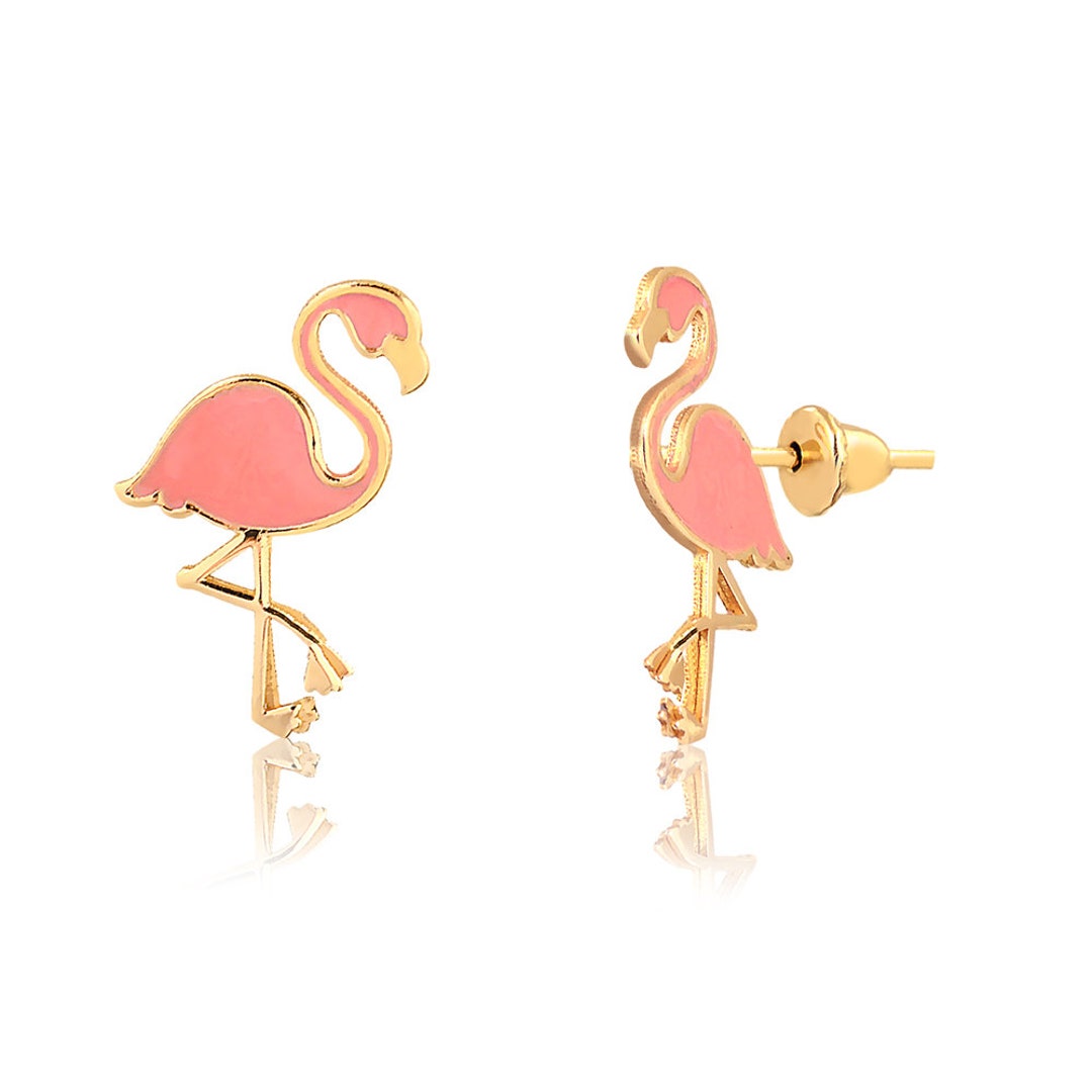 Flamingo 18k Solid Yellow Gold Earrings Enamel/resin Push - Etsy