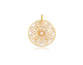 Mandala with Mother of Pearl 18k Solid Yellow Gold Pendant for Necklace for Women - Birthday, Wedding