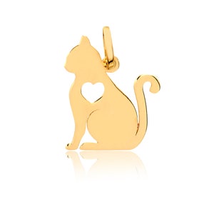 14K Gold Cat Shape heart Pendant Gift Yellow Gold Cat Charm Necklace for Her