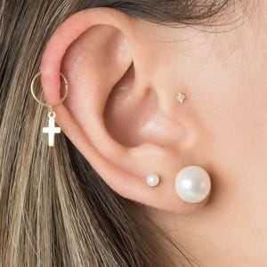 18k Solid Gold Drop Dangle Cross Cartilage Hoop Ring Ear Piercing for Teen Women