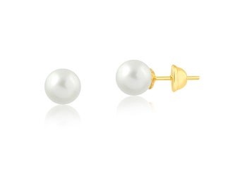 Gift for Her - Freshwater Pearl 7.5 mm 18k Solid Yellow Gold Earrings | Push Backs Stud for Women and Girls - Wedding, Graduation Earring